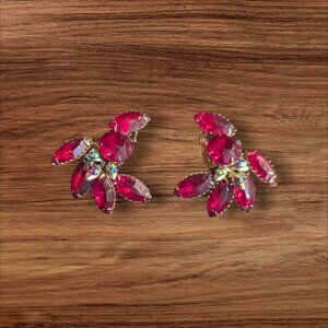 Vintage Red Rhinestone Clip-On Earrings Floral Shape Glam Jewelry estate